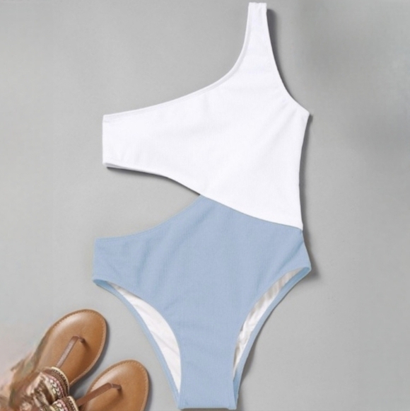 Zaful Other - Zaful Cutout Ribbed One Shoulder One Piece Swimsuit Light Blue L / 8